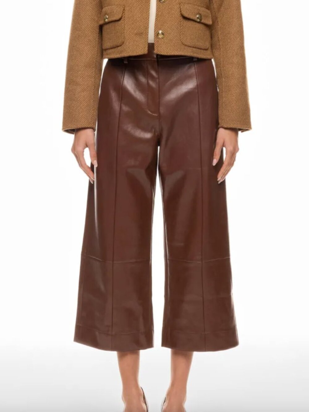 Jason Wu x RTR Wide Leg Cropped Faux Leather Trousers Brown Wide Leg Pants 4